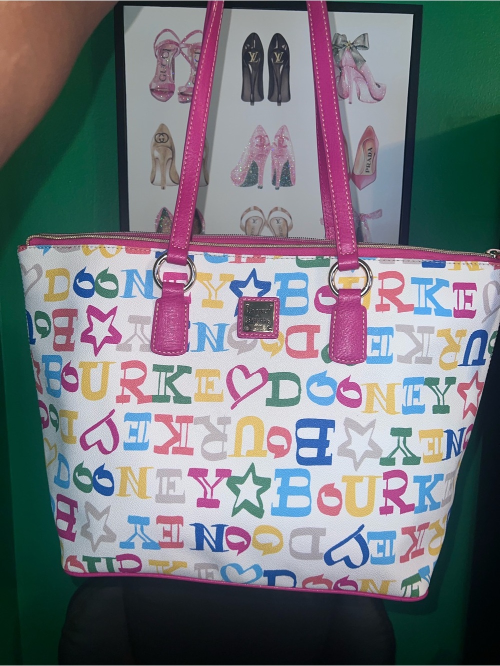 Dooney & Bourke Doodle Multicolor Logo Tote with Pink Trim and Handles